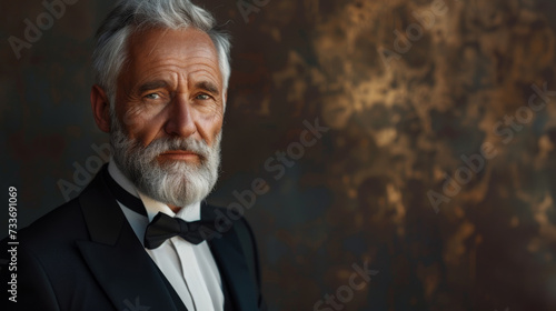 Portrait of a distinguished senior man with a well-groomed beard, wearing a tuxedo and bow tie, embodying sophistication and wisdom. photo