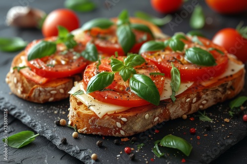 Close up view of two Toasts with tomato, basil and mozzarella cheese on a black stone plate