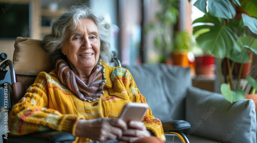 Portrait of smiling senior woman on wheelchair with smartphone at living home.