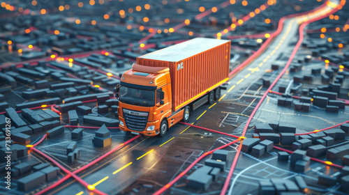 An orange cargo truck navigates through a complex network of roads amidst a miniature cityscape, symbolizing logistics and supply chain management.