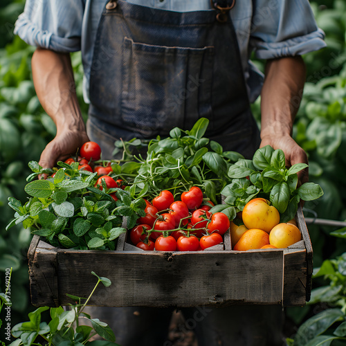 A farmer holding a box of fresh vegetables including tomatoes  herbs  and cucumbers.