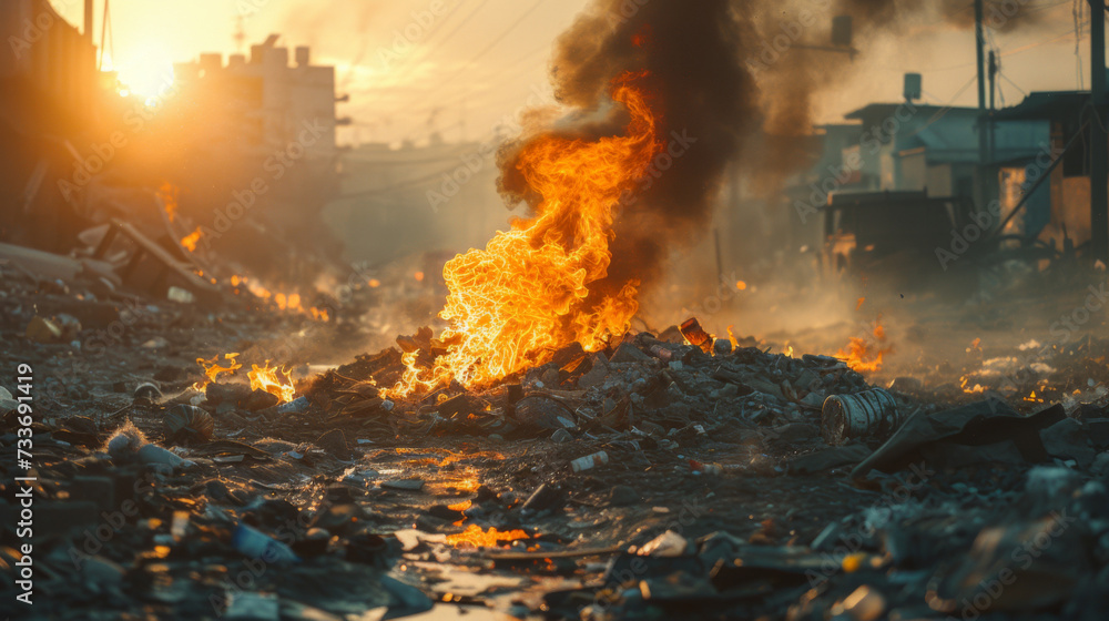 A devastating fire rages through an urban area with intense flames and billowing smoke against a backdrop of the setting sun.