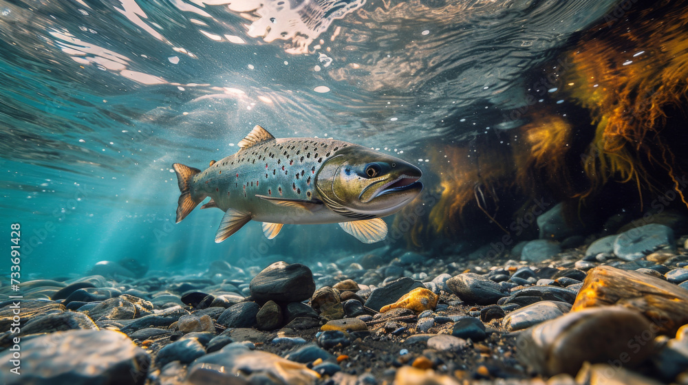 A solitary trout swims gracefully among river pebbles, with the sunlight filtering through the water surface creating a serene underwater scene.