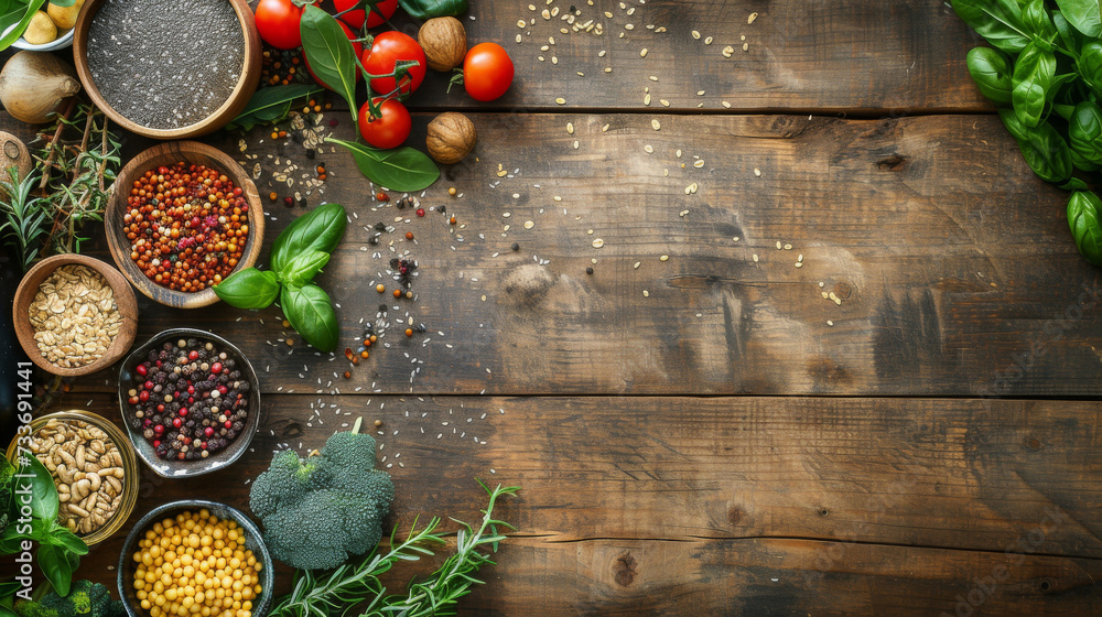 A diverse array of organic superfoods, including grains, seeds, nuts, and fresh vegetables, artfully scattered on a rustic wooden table. A diverse array of organic superfoods, including grains, seeds, nuts, and fresh vegetables, artfully scattered on a rustic wooden table.