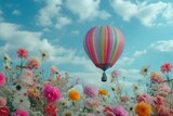 Vividly Colored Hot Air Balloon Floats Through Sky Adorned With Flowers