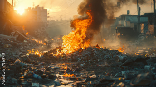 A devastating fire rages through an urban area with intense flames and billowing smoke against a backdrop of the setting sun.