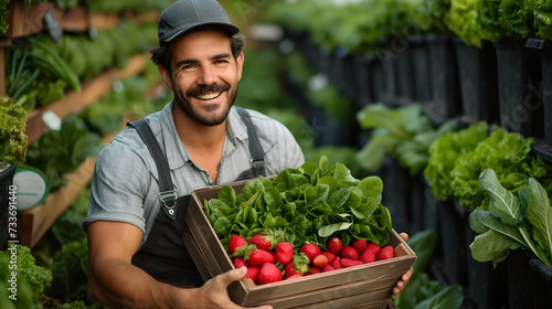 A farmer holding a box of fresh vegetables including tomatoes, herbs, and cucumbers.