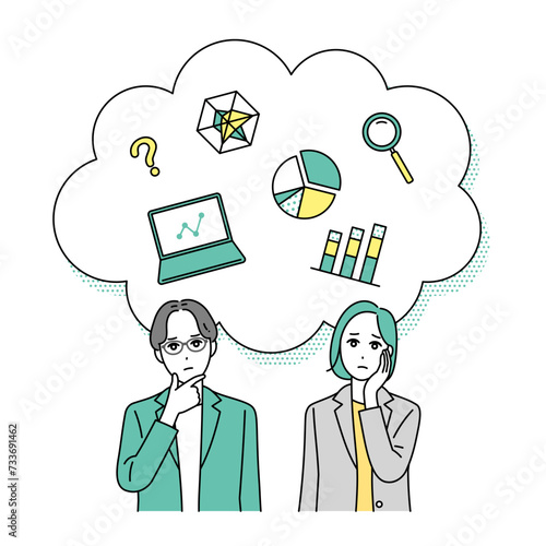 悩んだ顔をするビジネスパーソンのイラストとアイコンセット