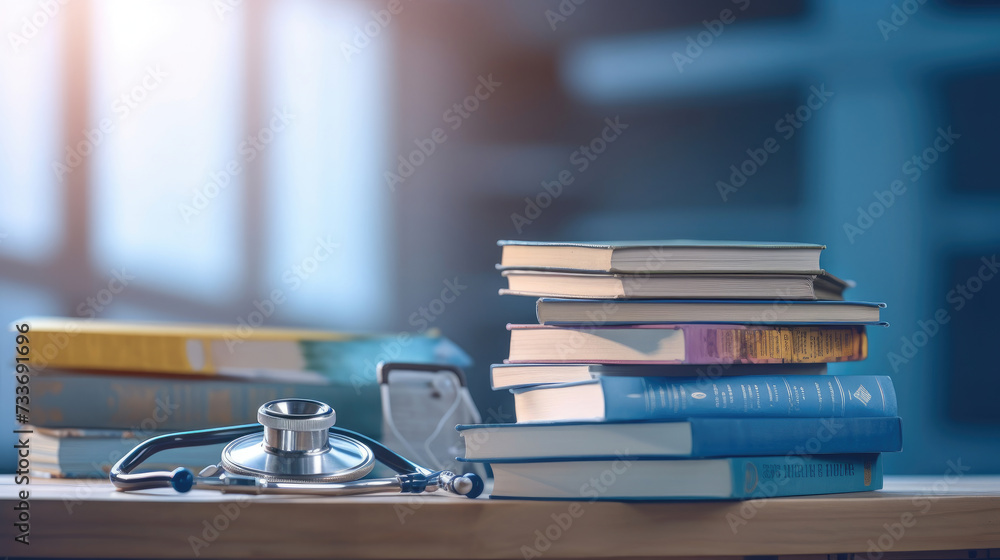 Close-up photo of stethoscope for medical doctor diagnosis on a pile of books Close-up photo of stethoscope for medical doctor diagnosis on a pile of books