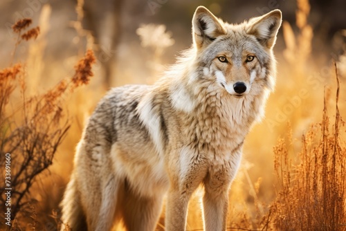 Beautiful photo of a wild coyote out in nature at sunset  Ai generated