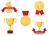 Awards, trophy cups, first place medals and podium winners set. Gold medal and champion trophy cup. Hand drawn award decorative icons. Vector illustrations.