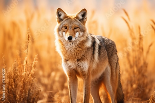 Beautiful photo of a wild coyote out in nature at sunset, Ai generated © Tanu