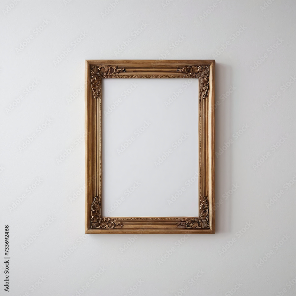 Empty wooden picture frame on white blank wall, mockup template design Empty wooden picture frame on white blank wall, mockup template design
