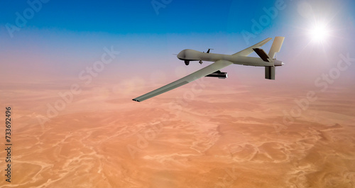 MQ military drone flying over desert on the Middle East