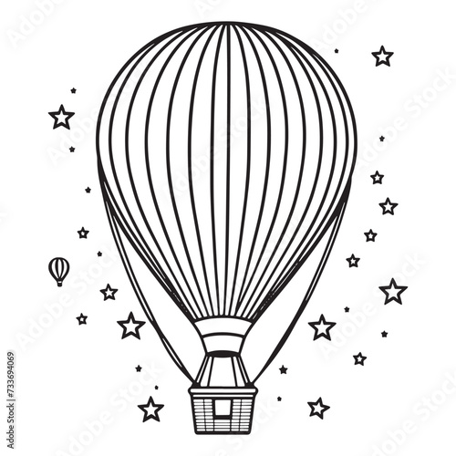 Hot air balloon outline coloring page illustration for children and adult