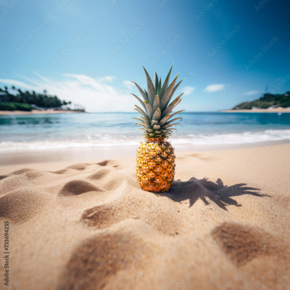 Fresh Pineapples on the beach in summer with blue sky and sea background. Fresh Pineapples on the beach in summer with blue sky and sea background.