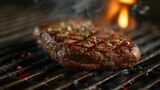 A sizzling steak on a hot grill, charred edges and savory juices tantalizing the taste buds
