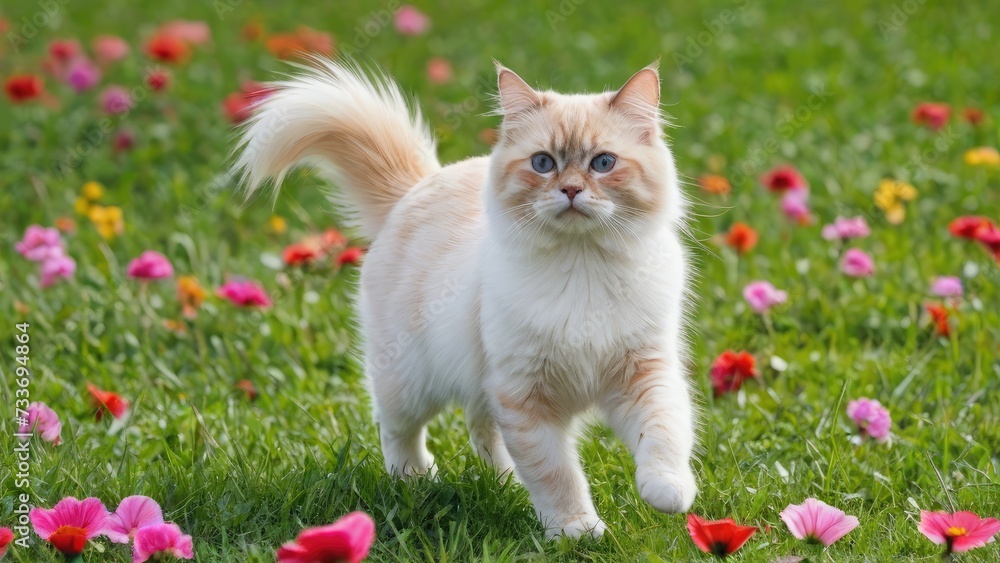 Red point birman cat in flower field