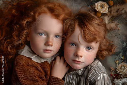 Studio fashion Portrait of Natural beauty red-haired twins girl and boy