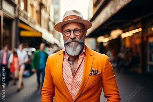 Portrait of a senior man in an orange jacket and hat walking on the street