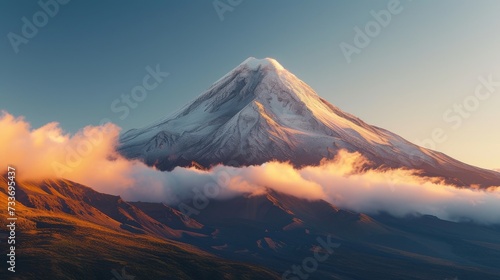 A snow-capped peak piercing the clouds, its majestic summit bathed in the soft glow of dawn's first light.