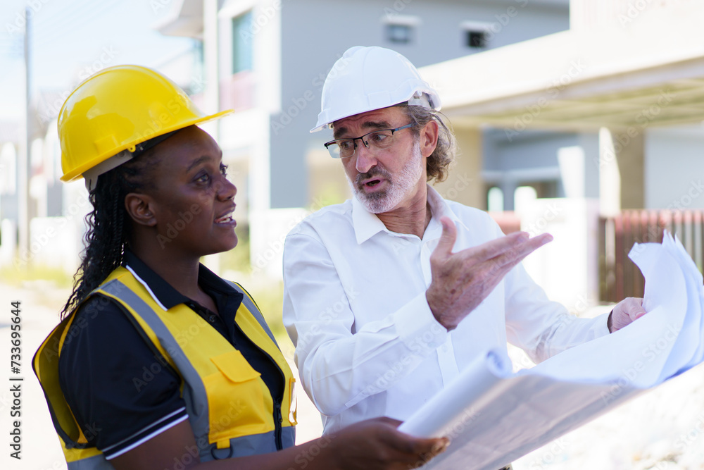 Female black ethnicity engineer taking to caucasian white client about the construction plan in blue print. Female black ethnicity engineer taking to caucasian white client about the construction plan in blue print.