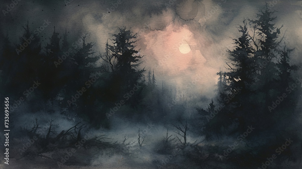 watercolor landscape in a mystical atmosphere, image created by artificial intelligence