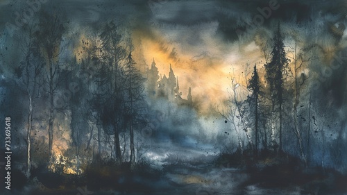 watercolor landscape in a mystical atmosphere, image created by artificial intelligence © Sndor