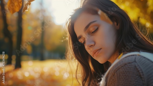 Sad, depression and student with woman in park for cry, frustrated and stress. Mental health, anxiety and fear with female person in nature for psychology, tired and fatigue photo