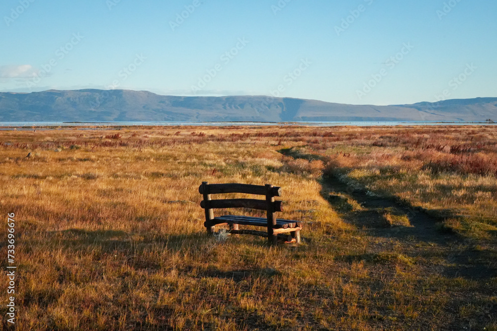 Scenic Bench at Sunrise in Patagonia, Moors and Hills - El Calafate, Argentina 