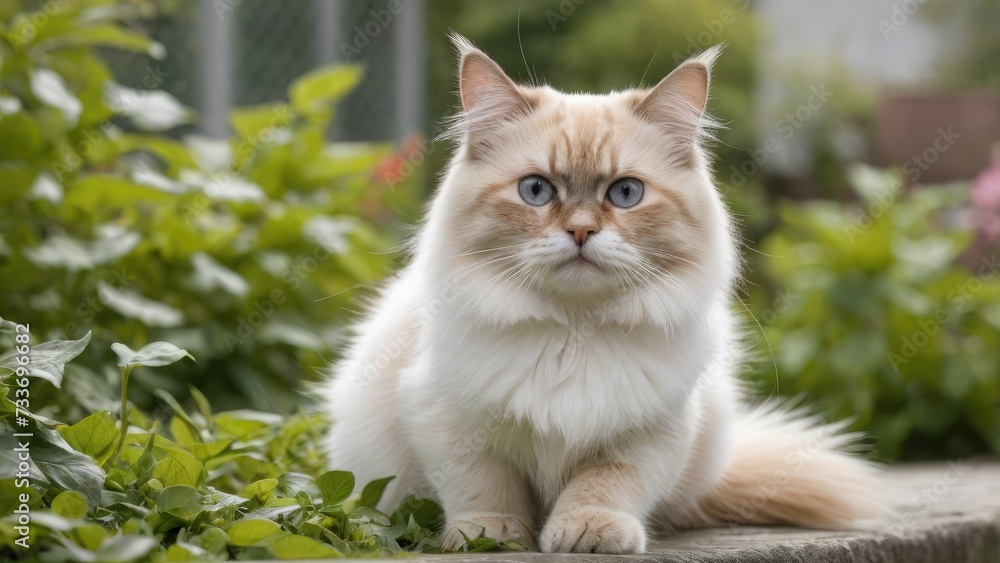 Red point birman cat in the garden Red point birman cat in the garden