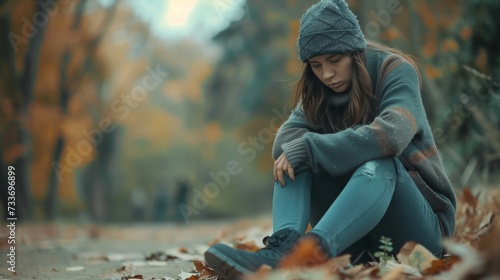 Sad, depression and student with woman in park for cry, frustrated and stress. Mental health, anxiety and fear with female person in nature for psychology, tired and fatigue photo