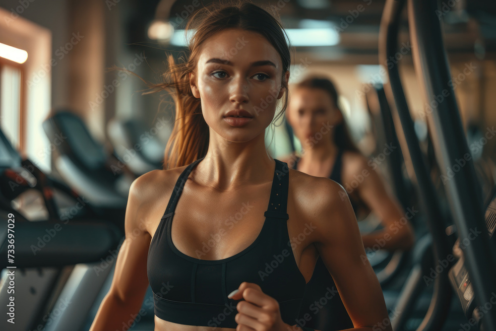 Sporty woman in a sports bra doing exercise by running on treadmill during a workout at the gym fitness center