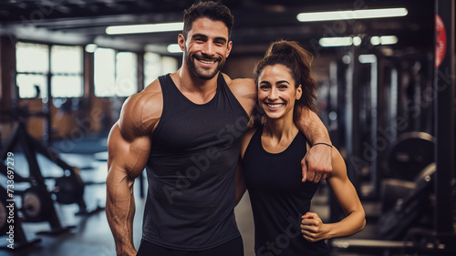 Handsome young sporty couple demonstrating biceps, looking at the camera and smiling, against the backdrop of a modern gym with space for text. sports advertising