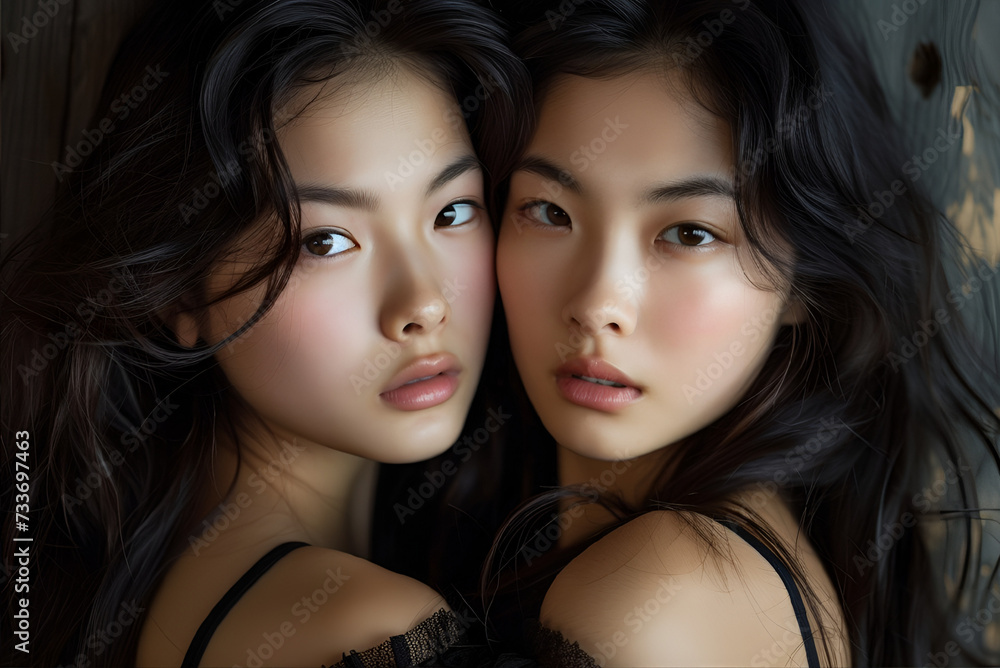 Studio fashion Portrait of Natural beauty Asian twins girls Studio fashion Portrait of Natural beauty Asian twins girls
