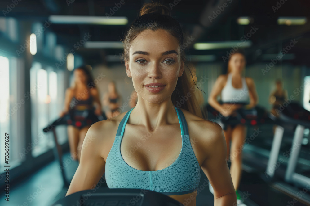 Sporty woman in a sports bra doing exercise by running on treadmill during a workout at the gym fitness center