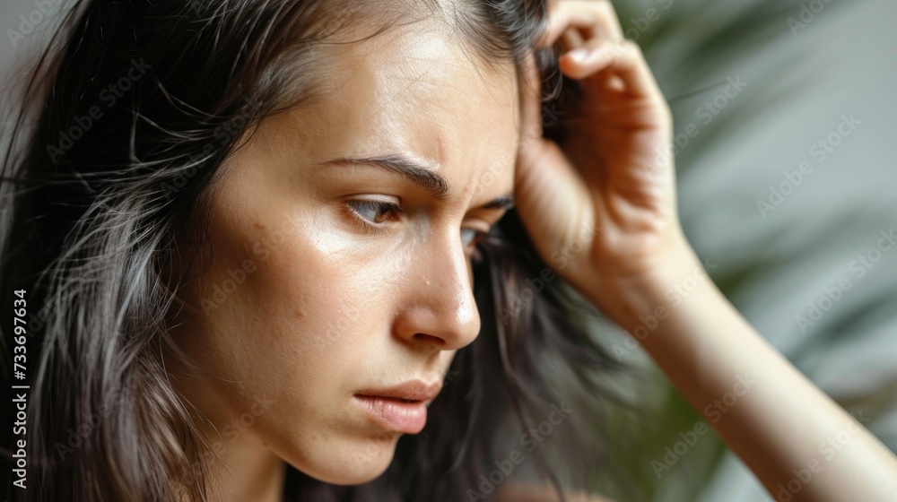 Obraz premium woman very sad and upset looking at damaged hair, hair loss, hair thinning problem, vitamin deficiency, baldness, postpartum, biotin, zinc, menstrual or endocrine disorders, hormonal imbalance