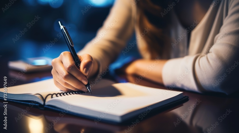 writing and notebook for working at night on creative ideas, strategy or schedule at a desk. Closeup of entrepreneur woman with pen and notes for planning, information or goals for a project writing and notebook for working at night on creative ideas, strategy or schedule at a desk. Closeup of entrepreneur woman with pen and notes for planning, information or goals for a project
