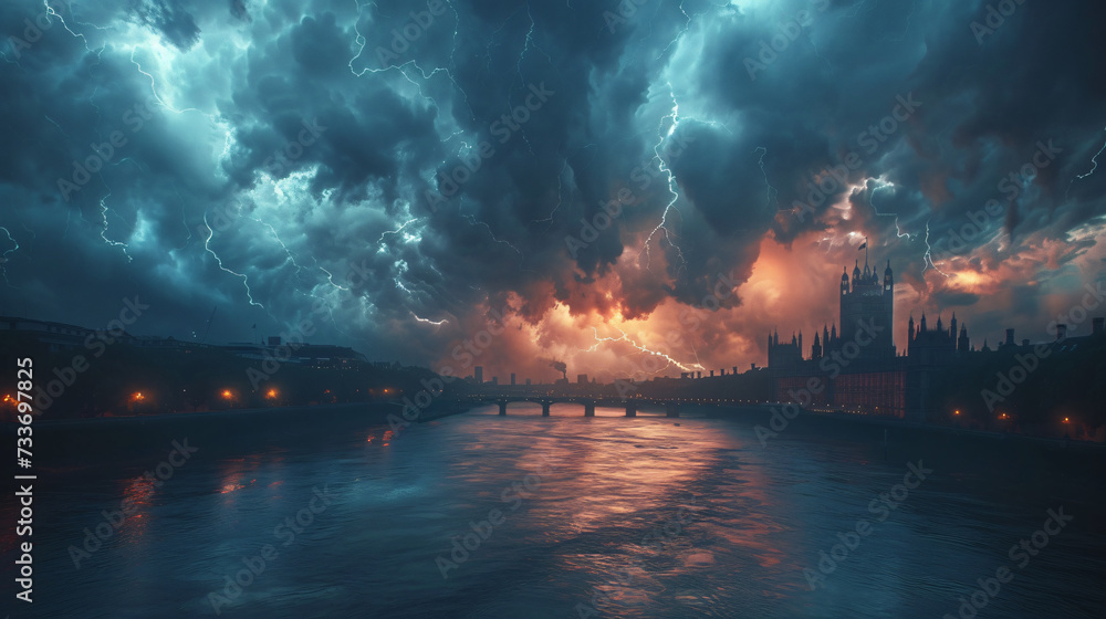Fototapeta premium Dark storm clouds with lightning over Thames river in London.