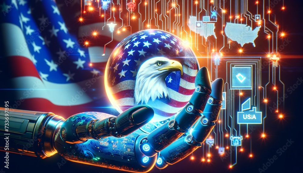 2024 Usa Election An Ai Robotic Hand Illuminates Voting Integrity And Democracy With Symbols Of 2024 Usa Election An Ai Robotic Hand Illuminates Voting Integrity And Democracy With Symbols Of
