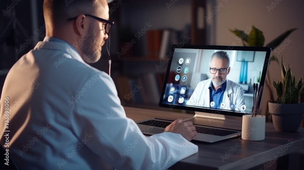 tele medical. Doctor explains the medication to the patient by video conference, Technology for health, physician, computer, online, patient, medical, consultation, healthcare, communication - obrazy, fototapety, plakaty 