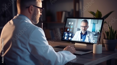 tele medical. Doctor explains the medication to the patient by video conference, Technology for health, physician, computer, online, patient, medical, consultation, healthcare, communication