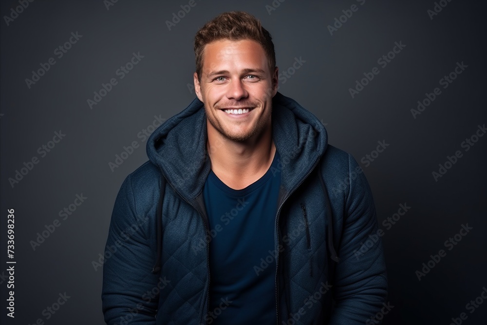 Portrait of a handsome young man in a blue jacket. Studio shot. Portrait of a handsome young man in a blue jacket. Studio shot.