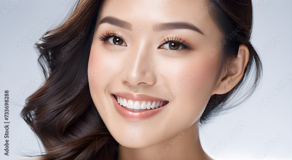Fototapeta premium Photo of a beautiful woman with a gentle smile. Generative AI.