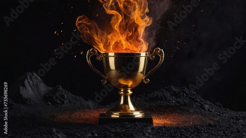 golden trophy cup with flames inside, burning winning concept