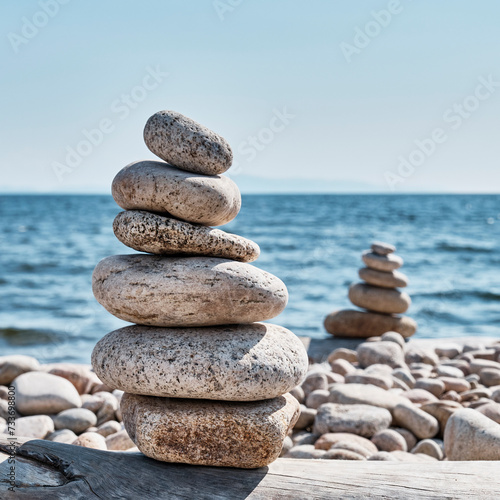 Pyramids of stones or cairn on shore Lake Baikal, Zabaykalsky National Park, Buryatia, Russia.