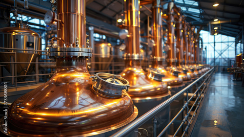 Shiny copper brewing vats and distillation equipment in an industrial beer brewery with intricate piping.