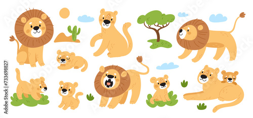 Cartoon cute lions. Funny wild animals pride. King of beasts. Lionesses with cubs. Predators of feline family. Jungle mammals. Savannah tree. Safari carnivore cats. Garish vector set