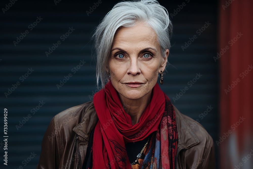 Portrait of a beautiful middle-aged woman with gray hair and a red scarf. Portrait of a beautiful middle-aged woman with gray hair and a red scarf.