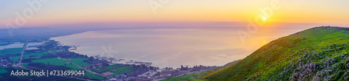 Sunrise panorama of the Sea of Galilee, from Mount Arbel photo